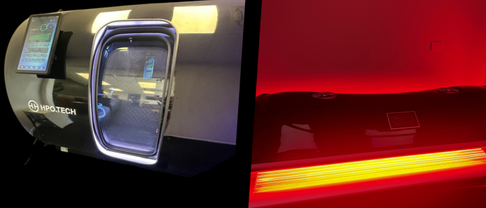 Waikato Hyperbarics hyperbaric chamber beside the red light therapy bed glowing red
